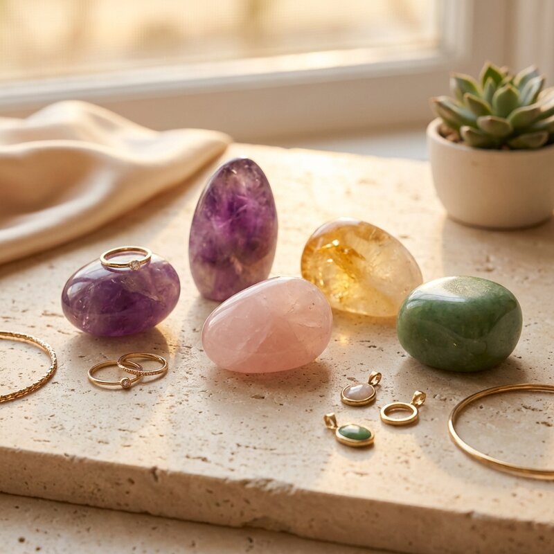 Polished amethyst, rose quartz, citrine and green stones with fine gold jewellery on a sunlit stone ledge